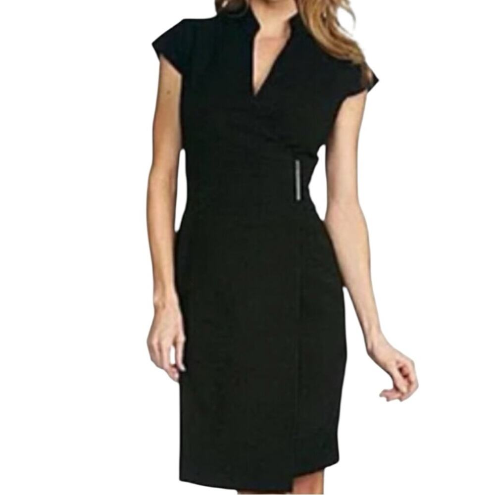 Calvin Klein New Solid Black Wrap Sheath Dress Cap Sleeves V-neck Women’s Size 8